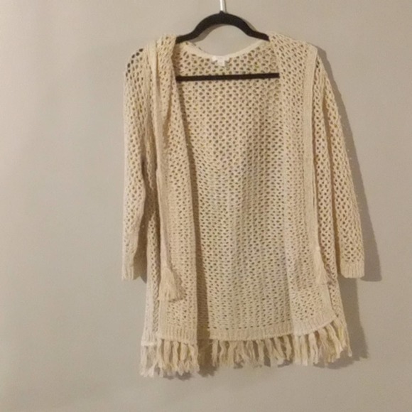 Crochet Sweater Boho Fringe Sweater J JILL Swim Cover w/ hood - Picture 1 of 7